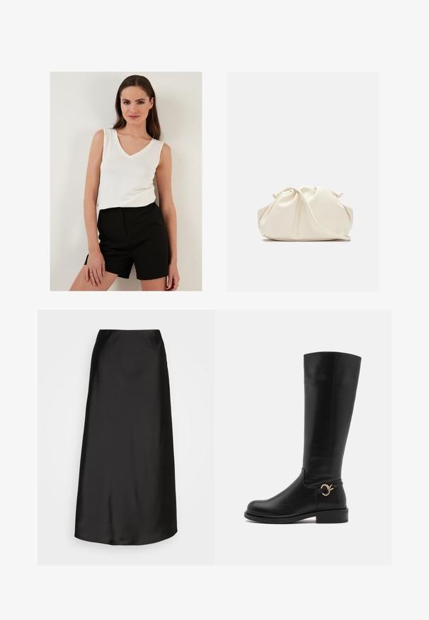 Weißes ärmelloses Oberteil mit V-Ausschnitt, kombiniert mit hochgeschnittenen schwarzen Shorts; beide Kleidungsstücke bestehen aus leichtem Stoff und weisen eine glatte Textur auf.; Schwarzer Satin-Midi-Rock mit glatter Textur, A-Linien-Form und dezentem Glanz. Verfügt über ein elegantes, unkompliziertes Design ohne Verzierungen.; Anna Field Wide Fit Stiefel - black; Cremfarbener, weicher Kunstlederbeutel mit gerafftem Design, verstellbarem Schultergurt und subtiler Kordelzug-Verschluss. Glatte Textur und runde Form.