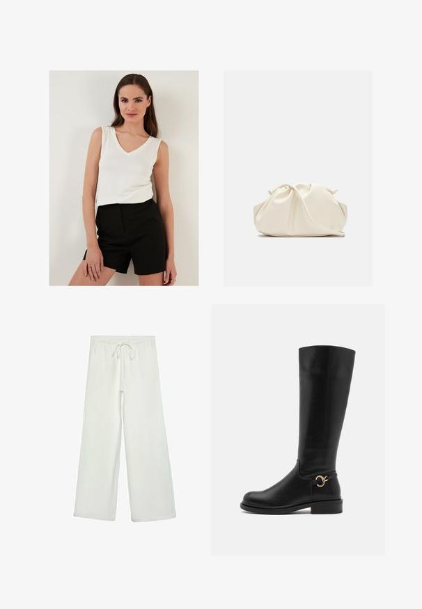 Biely bezrukávový top s výstrihom do V, ktorý je skombinovaný s čiernymi šortkami s vysokým pásom; obe odevy majú ľahkú látku a hladké textúry.; Biele nohavice s širokými nohavicami vyrobené z mäkkej tkaniny. Majú elastický pás s šnúrkou a hladký povrch. Žiadne viditeľné vzory ani kovania.; Anna Field Wide Fit Čižmy - black; Krémová, mäkká taška z umelého kože s nariaseným dizajnom, nastaviteľným popruhom a jemným šnurovaním. Hladký povrch a zaoblený tvar.