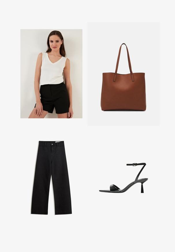 Witte mouwloze top met een V-hals, gecombineerd met hoge zwarte shorts; beide kledingstukken hebben een lichte stof en een gladde textuur.; Zwarte denim broek met wijde pijpen en een hoge taille, voorzien van voor- en achterzakken, gestikte naden en een knoopsluiting. Gladde textuur.; Bershka Sandalen met hoge hak - black; Bruine leren tote bag met een gladde textuur, een ontwerp met een open bovenkant en twee schouderbanden. Kenmerkt zich door minimale stiksels en geen zichtbare hardware.