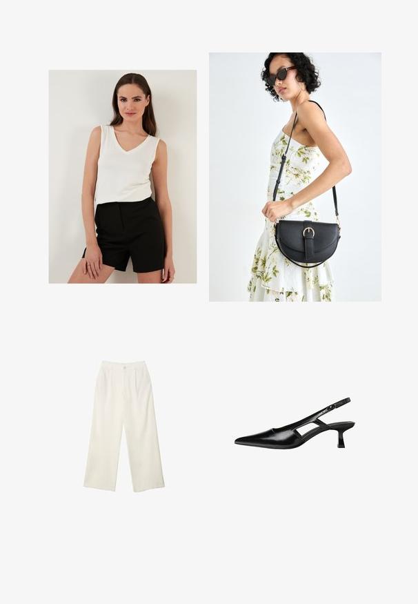 Haut sans manches blanc avec un décolleté en V, associé à un short noir taille haute ; les deux vêtements sont en tissu léger et possèdent des textures lisses.; Pantalons à jambes larges en tissu crème avec une texture lisse, dotés d'un seul bouton à l'avant, de plis subtils et d'un design taille haute.; Escarpins slingback en cuir verni noir avec un bout pointu, un design découpé sur les côtés et un petit talon carré. Texture lisse avec des accents minimaux.; Sac à main en cuir noir avec une forme courbée, bandoulière amovible et des accessoires en or. Le sac est doté d'un rabat avec un détail de boucle.