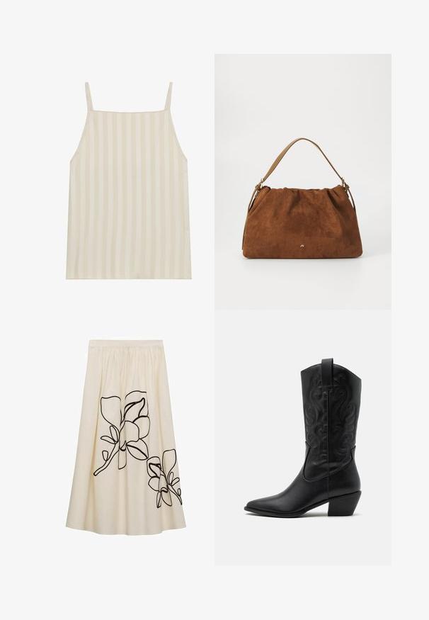 Vaaleanbeige toppi, jossa on pystysuuntainen raidallinen kuosi, ohuet säädettävät olkaimet ja rento leikkaus. Kiva, sileä pinta, jossa on hillitty kiilto.; Kermanvärinen hame, jossa on mustaa kukkakirjontaa, vyötäröllä kokoontuva muotoilu ja virtaava tyyli, valmistettu kevyestä kankaasta.; Musta nahkasaapas cowboy-malli, jossa on terävä kärki, kohokuvioituja pyörteileviä kuvioita ja keskikorkea korko. Varustettu vetoketjulla helppoa pukeutumista varten.; Ruskea nukkaohut laukku, jossa on poimittu muotoilu, ja siinä on yksittäinen vaaleanruskea nahkahihna sekä hillitty kultainen logo etuosassa.