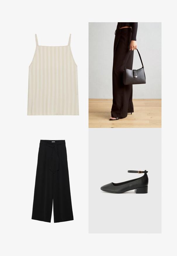 Light beige camisole featuring vertical striped pattern, thin adjustable straps, and a relaxed fit. Smooth texture with subtle sheen.; Black wide-leg pants featuring a textured fabric, an elastic waistband, and a detachable sash tie at the waist for adjustable fit.; Black leather pump with a pointed toe and a low block heel. Features an ankle strap with a gold-tone buckle. Smooth texture.; Black handbag with structured shape, smooth texture, and a metallic clasp. Paired with wide black pants and open-toe sandals on wooden floor.