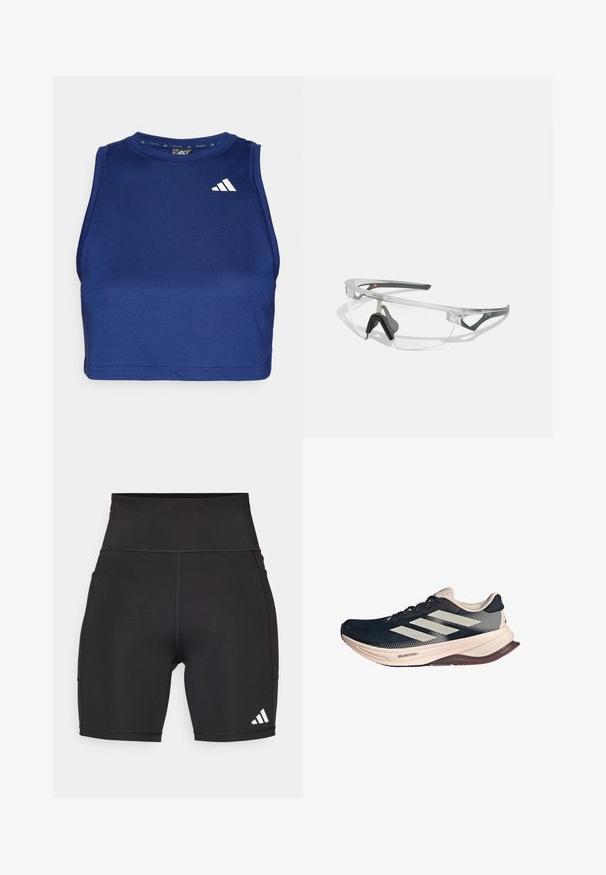 Marineblauwe mouwloze trainingscrop top met een ronde hals. Van soepele stof en voorzien van een wit Adidas-logo op de linkerkant van de borst.; Zwarte sportieve shorts van rekbaar materiaal. Hoge tailleband, van gemiddelde dijlengte, met een witte driekleurige logo op de linkeronderzijde.; Hardloopschoen met een donkerblauwe mesh bovenkant, lichtbeige zool en een witte drie-strepen ontwerp. Heeft een strakke, aerodynamische vorm en textuuraccenten.; Duidelijke veiligheidsbril met een lichtgewicht, transparant montuur en grijze accenten. Bevat een rond lopend ontwerp en een verstelbare neuspiece.
