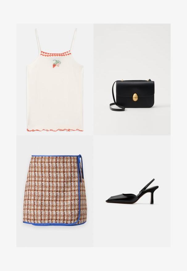 Biała kamizelka na cienkich ramiączkach, zdobiona czerwonym haftem w truskawki oraz falbaną w czerwonym kolorze wzdłuż dekoltu i dołu.; Wiązana spódnica w brązowo-białą kratę z niebieskim wykończeniem. Posiada boczny węzeł oraz teksturowany materiał dla dodatkowego wykończenia.; Czarne skórzane czółenka typu slingback z wąskim noskiem, minimalistyczny design, cienki pasek wokół kostki i elegancka szpilka. Gładka tekstura.; Czarna skórzana torba na ramię o strukturalnym prostokątnym kształcie. Posiada złoty owalny zamek i cienki pasek na ramię. Gładka faktura.