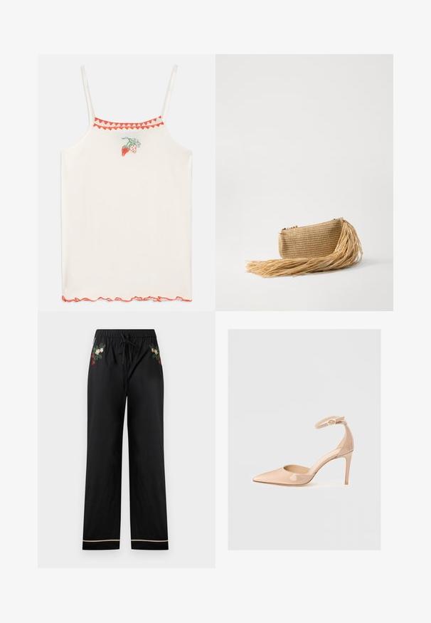Balta marškinėlių su plonais petnešomis, dekoruoti raudonais išsiuvinėtais braškėmis ir raudonu bangų krašteliu aplink iškirpimą ir apatinę dalį.; Juodos plačios kojų kelnės turi elastingą juosmenį su raišteliu, siuvinėtus gėlių raštus spalvose ir kontrastingą apdailą apačioje.; Nuogos patentinės odos batai su smailiu kojų galiuku, kulkšnies dirželiu ir smailiu kulnu, pasižymintys lygiu paviršiumi ir minimalistiniu dizainu.; Cult Gaia VIERA - Delninukė - natural