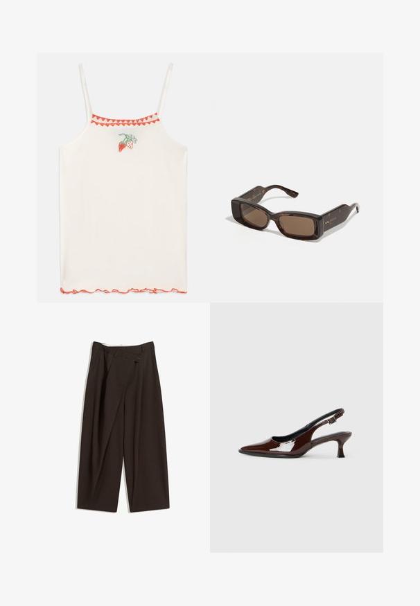 Camisolă albă cu bretele subțiri, decorată cu căpșuni brodate roșii și un tiv ondulat roșu de-a lungul gâtului și a tivului.; Pantaloni largi de culoare maron închis, cu talie înaltă, având închiere cu un singur nasture și un față pliată. Confectionați dintr-un material ușor.; Pantofii slingback din piele patent maro, cu vârful ascuțit și un toc moderat. Prezintă o curea cu prindere pentru o potrivire sigură. Textură netedă.; Ochelari de soare Gucci cu lentile dreptunghiulare de culoare maro, ramă din acetat cu model țestoasă și detalii cu logo auriu pe brațe.; Geantă din piele maro, tip crossbody, cu o formă curbată, accesorii aurii și un accent cu cataramă. Dispune de un curea de umăr detașabilă.