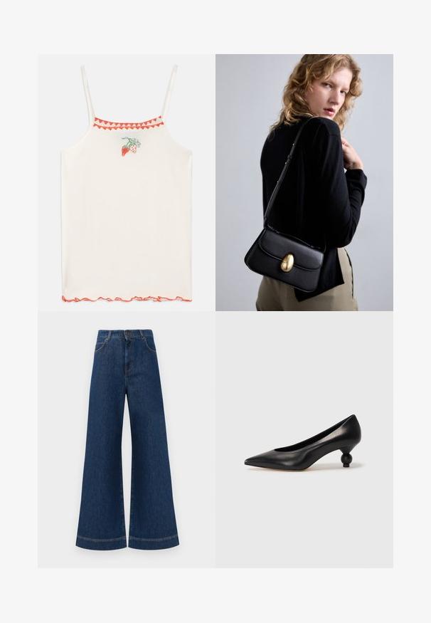 Valge kampsun õhukeste õlgadega, millel on punased tikitud maasikad ja laineline punane ääris kaeluses ja helkuris.; Laia siniste denim pükste suur jalg, kõrge vöökoht, nupuga kinnitamine, vöökohad ja peened õmblusdetailid taskute ja äärte ääres.; Must musta kõrge kontsaga king, millel on terav nina ja ümar, pallikujuline konts. Sile pind ja elegantne, minimalistlik disain.; Mustad musta nahast käekott, millel on kõver kuju, silmapaistva kuldse ovaalse kinnise, reguleeritava rihma ja minimalistliku disainiga.