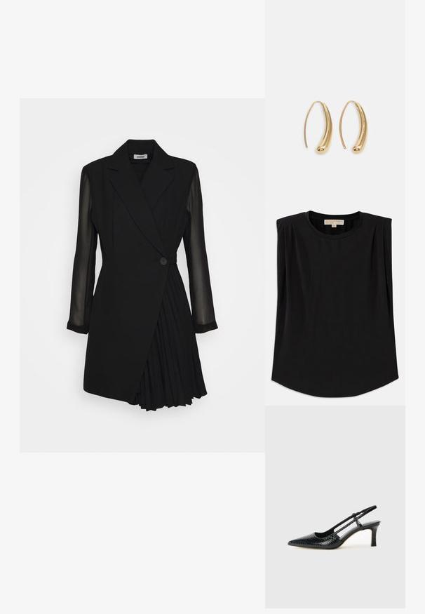 Must värvust pehme kangaga ülemine, millel on ümar kaelus, lühikesed varrukad kortsudega ja kergelt kaardus allserv. Muster või aksessuaare pole näha.; Mustvalge kleit, millel on ülikonnast inspireeritud ülaosa, läbipaistvad pikad varrukad, ühe nööbiga kinnitus ja volditud seeliku detail.; Mustmust paelad, millel on terav varvas, tekstuuriga maduprindiga, reguleeritav rihm ja lühike tekstuuriga plokknina.; Must küllastamata nahast õlakott, millel on kaks esist nähtavat taskut, kuldsed pandlad, tõmblukuga sulgemine ja peen rihm. Tekstuuriga pind ja kompaktne ristkülikukujuline kuju.; Kuldtoonilised metallist rõngas kõrvarõngad, millel on kõver ja piklik kuju. Omavad siledat, läikivat pinda ja ümarat tipptugevdust, mis lisab detaili.