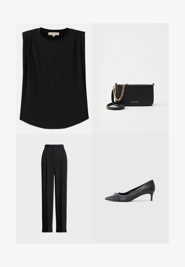 Czarna bluzka z miękkiego materiału, z okrągłym dekoltem, krótkimi rękawami z zaszewkami i lekko zaokrąglonym dołem. Brak widocznych wzorów lub akcentów.; Czarne dopasowane spodnie z wysokim stanem, z kantami z przodu, prostą nogawką i mankietem na dole. Wykonane z gładkiego materiału.; Czarna skórzana szpilka z owalnym noskiem, niskim obcasem, z teksturowanym paskiem i metalicznym akcentem z przodu. Gładka powierzchnia i smukły kształt.; Czarna skórzana kopertówka z złotym akcentem w postaci łańcucha, gładka faktura i złote detale z logo. Zawiera regulowany pasek dla większej wszechstronności.