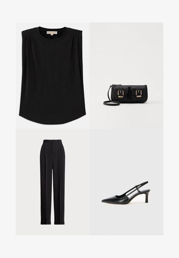 Must värvust pehme kangaga ülemine, millel on ümar kaelus, lühikesed varrukad kortsudega ja kergelt kaardus allserv. Muster või aksessuaare pole näha.; Mustad kohandatud püksid kõrge vöökohtaga, ees plisseeritud, sirge sääre disainiga ja mansetiga hem. Valmistatud sileda kangaga.; Mustmust paelad, millel on terav varvas, tekstuuriga maduprindiga, reguleeritav rihm ja lühike tekstuuriga plokknina.; Must küllastamata nahast õlakott, millel on kaks esist nähtavat taskut, kuldsed pandlad, tõmblukuga sulgemine ja peen rihm. Tekstuuriga pind ja kompaktne ristkülikukujuline kuju.; Kuldtoonilised metallist rõngas kõrvarõngad, millel on kõver ja piklik kuju. Omavad siledat, läikivat pinda ja ümarat tipptugevdust, mis lisab detaili.