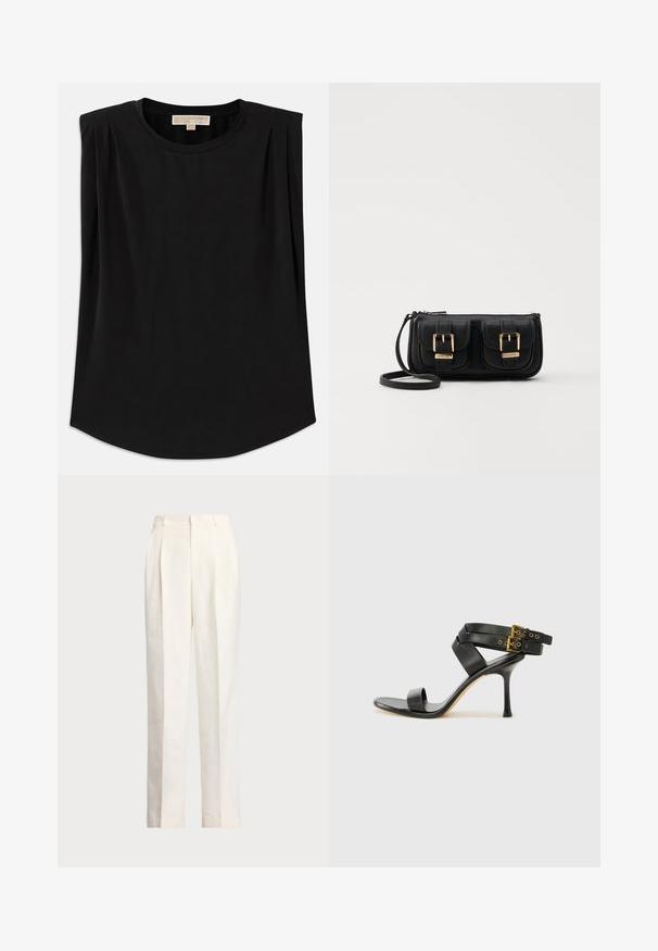 Črna majica iz mehkega blaga, z okroglim izrezom, kratkimi rokavi z nabrano obdelavo in rahlo ukrivljenim robom. Brez vzorcev ali okraskov.; Polo Ralph Lauren HEMP WIDE LEG PANT - Hlače - nevis; Črne sandale na peto z križnimi trakovi in prilagodljivo zaponko. Imajo gladko teksturo in zožen peto.; Črna usnjena torbica čez ramo z dvema sprednjima žepoma, zlatimi zaponkami, zadrgo in ozkim pasom. Tekstura površine je strukturirana, obliko pa ima kompaktno pravokotno.