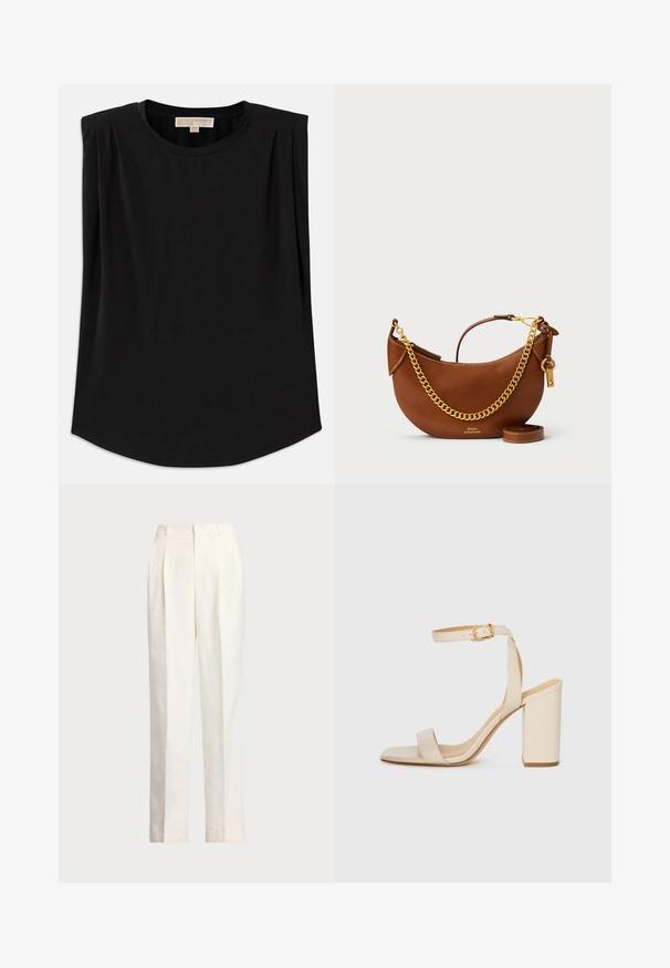 Zwarte top van zachte stof, met een ronde halslijn, korte mouwen met plooien en een iets gebogen zoom. Geen patronen of accenten zichtbaar.; Polo Ralph Lauren HEMP WIDE LEG PANT - Broek - nevis; Beige hoge hakken sandaal met een vierkante neus, dunne enkelband en blokhak. Gladde leren textuur met een gouden sluiting.; Bruine leren handtas met een gebogen ontwerp, gouden schouderband, binnenzak en een afneembare schouderband. Heeft contrasterende stiksels.