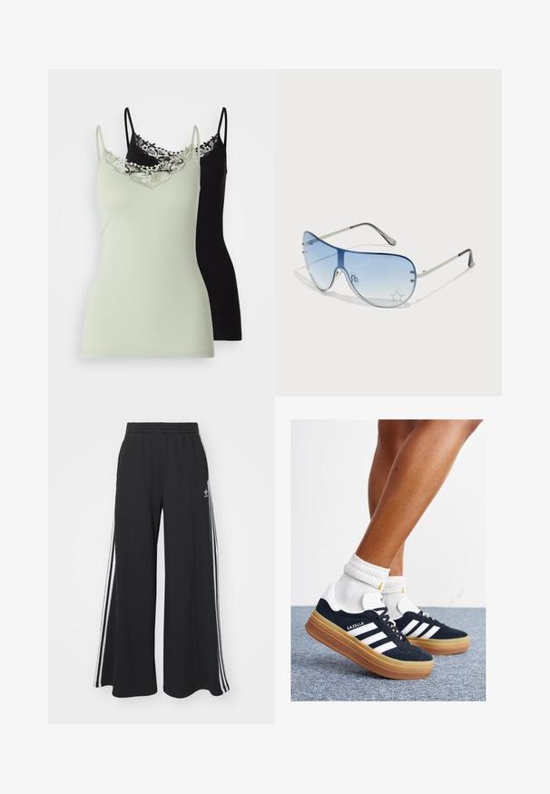 ONLY ONLKIRA LIFE SINGLET 2 PACK - Top - desert sage/black; Black wide-leg sweatpants with an elastic waistband, featuring white side stripes and an embroidered logo on the left thigh.; Black suede sneakers with white stripes and accents, rounded toe, gum rubber outsole, paired with white ribbed crew socks.; Aviator sunglasses featuring a gradient blue lens, silver metal frame, and decorative star accents on the lens. Smooth and sleek design.