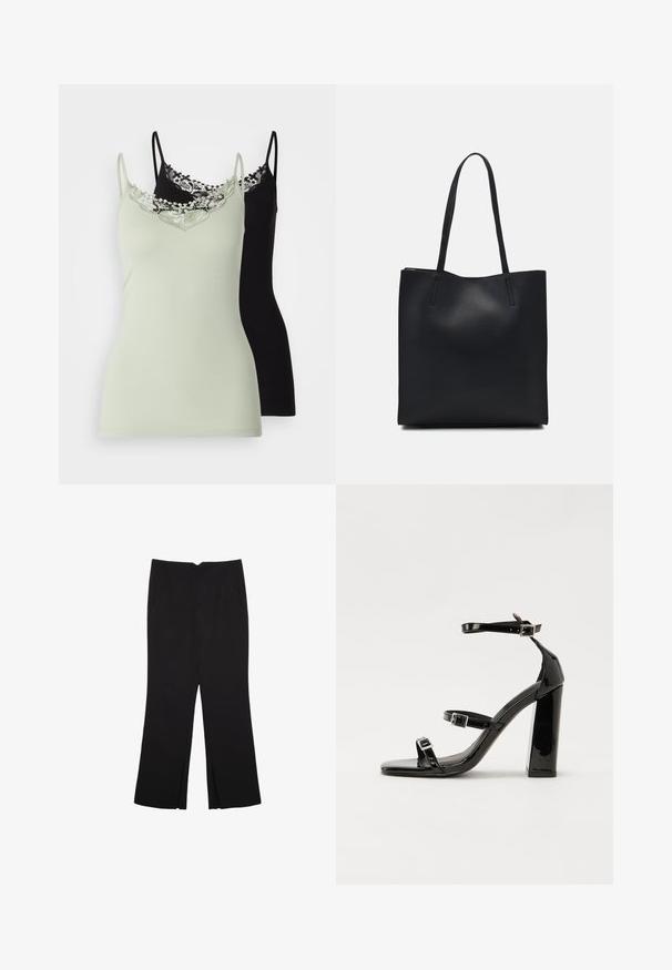 ONLY ONLKIRA LIFE SINGLET 2 PACK - Top - desert sage/black; Černé kalhoty s rovným střihem, s předními kapsami a bočními rozparky na lemu. Vyrobené z jemné, hladké tkaniny. Vhodné na různé příležitosti.; Černé lakované sandály na podpatku se čtveratou špičkou, lýtkovými pásky a stříbrnými přezkami. Disponují masivním blokovým podpatkem pro stabilitu.; Černá kožená taška přes rameno s hladkým povrchem, obdélníkovým tvarem a dvěma dlouhými uchy. Žádné viditelné kování ani ozdoby.