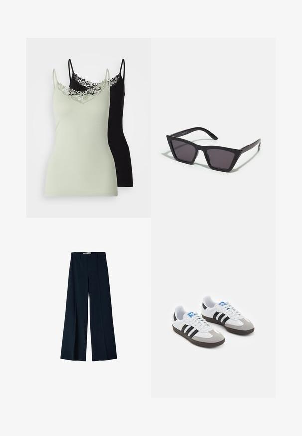 ONLY ONLKIRA LIFE SINGLET 2 PACK - Linne - desert sage/black; Marinblå vida byxor i ett mjukt material, med två framfållar och en enkel knappstängning i midjan.; Sportskor med överdel i vit läder, grå mocka på tårna och tre svarta ränder. Har en blå logotyp på tungan och en texturerad gummisula.; Svarta, vinklade solglasögon med grå linser; tillverkade av plast, med tjocka skalmar med en slät yta och utan synlig hårdvara.; Svart läderaxelväska med en böjd form, enkel platt rem och dragkedja upptill. Slät yta med minimala detaljer i metall.