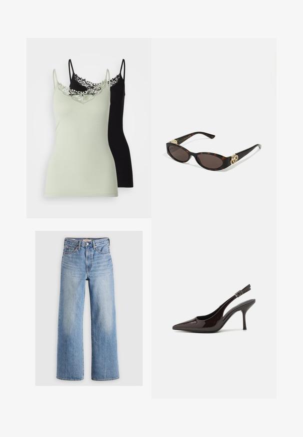 ONLY ONLKIRA LIFE SINGLET 2 PACK - Viršus - desert sage/black; Šviesiai mėlyni džinsiniai kelnių plačiais kojomis ir aukštu liemeniu, su nusidėvėjusiomis vietomis, penkiomis kišenėmis ir kontrastinėmis siūlėmis. Klasikinis uždarymas mygtuku ir užtrauktuku.; Blizganti tamsiai ruda lakinės odos aukšto kulno bateliai, smailus nosis, atviros šoninės dalys ir reguliuojamas kulkšnies dirželis.; Tortoise kiaurinių saulės akinių su pailgomis ovalo formos lęšiais, rudos spalvos atspalviu, auksinėmis logotipo detalėmis ant šakelių ir elegantiškais juodais rankenėlėmis.; Alyvinės rankinės kreivė forma, su trumpa rankena, turinčia auksinį užtrauktuką ir subtilų Calvin Klein logotipą priekyje.