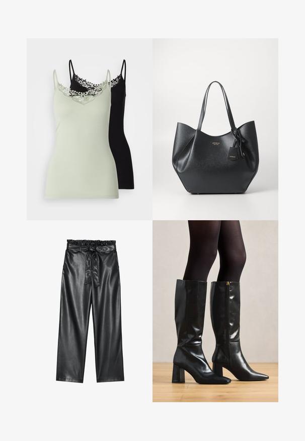 ONLY ONLKIRA LIFE SINGLET 2 PACK - Top - desert sage/black; Black faux leather wide-leg pants with an elasticated, ruffled waistband, and a detachable tie belt. Smooth texture and minimal sheen.; Knee-high black leather boots with a glossy finish, pointed toe, and chunky heel. Side zipper detail for easy wear.; Black tote bag made of textured synthetic material with a wide silhouette, featuring dual handles and a branded pendant detail.; Silver hoop earring with a polished finish, featuring small gold accent details and a round shape, worn on the lobe.