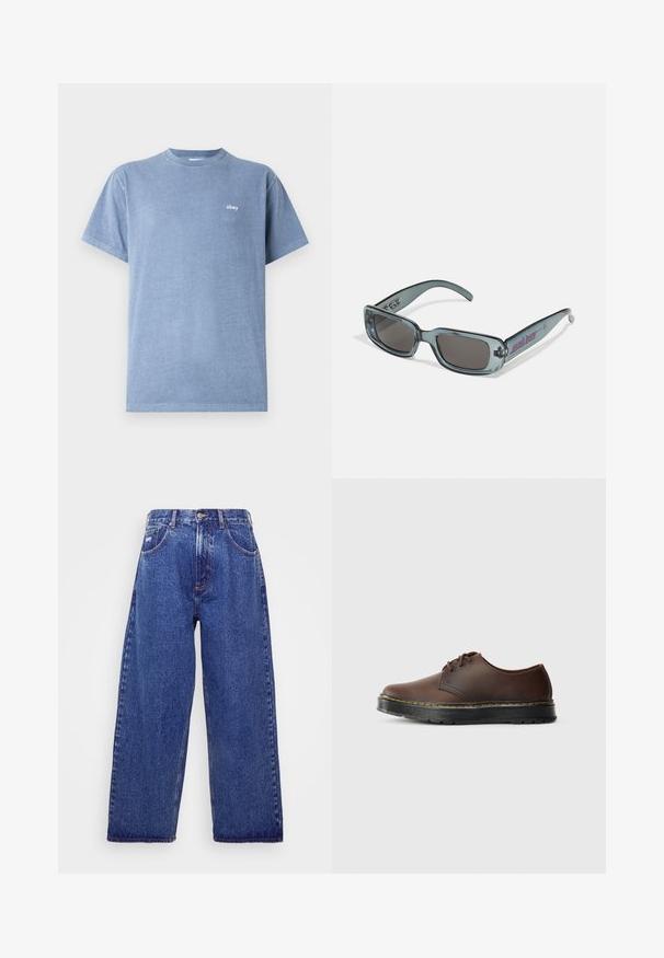 Lys blå bomull T-skjorte med rund hals, korte ermer og en liten hvit logo "obey" på venstre brystområde. Smoother tekstur.; Videben, blå denimjeans med høy midje, med fem lommer, knappelukking og subtile falmønstre for tekstur.; Brune lærrem av lisse-sko med rund tå, svart gummisåle og gule sømdetaljer langs såle kanten.; Santa Cruz INFERNO UNISEX - Solbriller - crystal black
