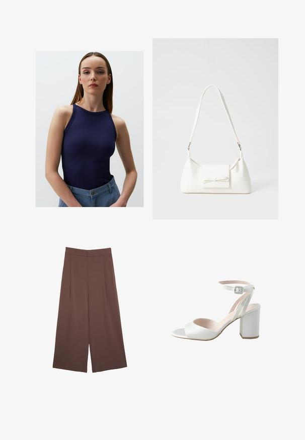 Jimmy Key SLIM FIT HALTER NECK BASIC - Top - dark blue; Braune Weite-Leg-Hosen mit einer glatten Textur, hoher Taille und Vorderfalten. Der Stoff ist leicht und fällt locker.; Weiße High-Heels Sandale mit glänzendem Satin-Obermaterial, weitem Blockabsatz und Knöchelriemen mit einer kleinen Schnalle. Sanfte Textur, minimalistisches Design.; Weiße synthetische Handtasche in dreieckiger Form, flache Vorderklappe und Schleifendetail, verstellbarer Trageriemen, glatte Textur und minimalistisches Design.
