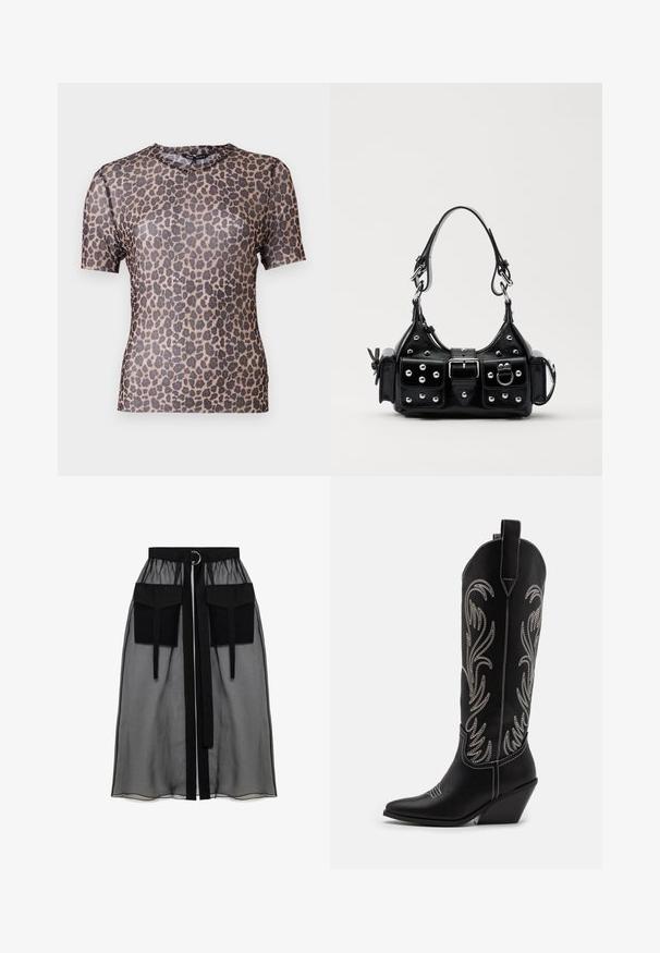 Leopardimustriline lühikeste varrukatega topp läbipaistvast ja kergest kangast, ümarate kaelustega ja siledast tekstuurist. Kujunduses on tumedaid pruune laike.; Must mustriga seelik, millel on kogutud vöökoht, kaks suurt esitaskut, vöötie ja ringikujuline metallaktsent.; Mustad mustad nahast cowboy saapad terava ninaga, vööndkanna ja hõbedaste tikanditega lillemustritega varred. Kontrastõmblused üle kogu.; Must värvi nahast käekott, millel on kaarjas disain, hõbedased nupukesed, kinnitusahe ja kaks külgtaskut. Reguleeritav rihm erinevate kandmisvõimaluste jaoks.
