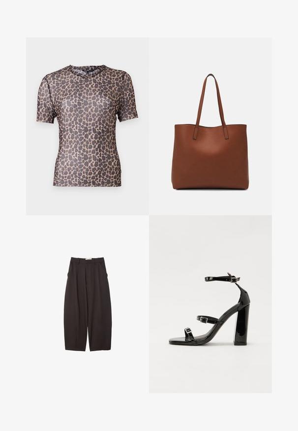 Leopardenmuster Kurzarmtop aus einem durchsichtigen, leichten Stoff mit rundem Ausschnitt und glatter Textur. Das Design zeigt dunkle Braune Flecken.; Schwarze weit geschnittene Hosen aus einem glatten Stoff, mit hoher Taille, Frontfalten und Seitentaschen. Schlichtes Design ohne Verzierungen.; Schwarze patentierte Sandalen mit Absatz, quadratischer Spitze, Knöchelriemen und silbernen Schnallen. Mit einem stabilen Blockabsatz für mehr Stabilität.; Braune Leder-Tote mit glatter Textur, offenem Oberteil und zwei Schulterriemen. Verfügt über minimale Nähte und keine sichtbaren Beschläge.