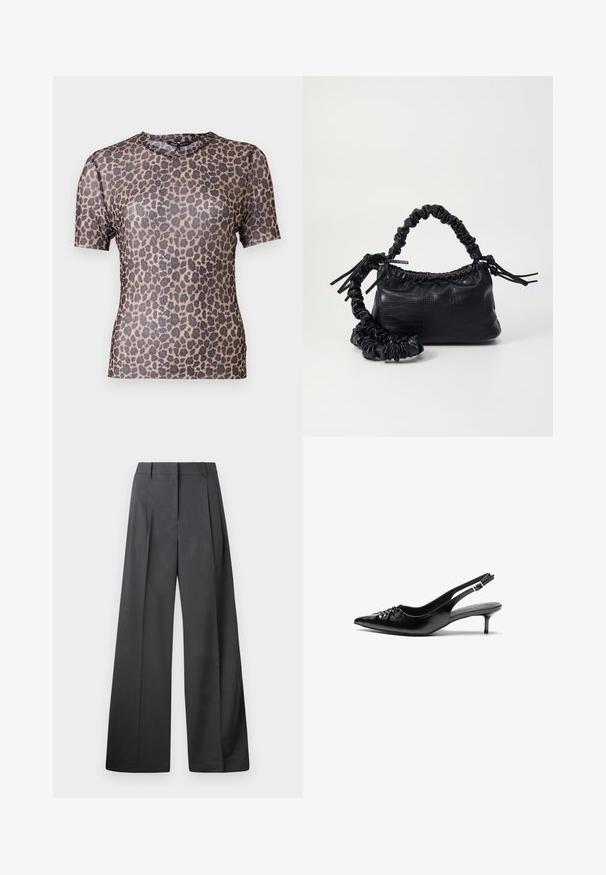 Leopard print short-sleeve top in a sheer, lightweight fabric with a rounded neckline and smooth texture. The design features dark brown spots.; Wide-leg trousers in dark gray fabric, featuring a high waist, single pleats, and a smooth texture with a clean finish at the hems.; Black leather slingback heels with a pointed toe, low kitten heel, and gathered detail on the vamp. Smooth texture and minimalist design.; Black faux leather handbag with a crocodile texture, cinched top, and a scrunched strap. Appears soft and compact in design.