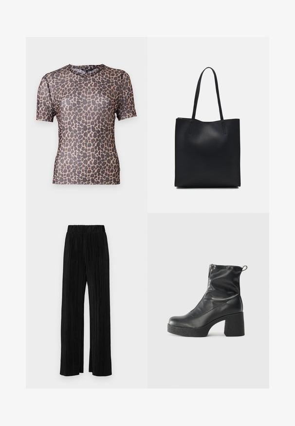 Lepardmønstret topp med korte ermer i et gjennomsiktig, lett stoff, med rund halslinje og jevn tekstur. Designet har mørkebrune flekker.; Sorte plisserte bukser med elastisk midje. Har vide ben og et glatt, strukturert stoff med vertikale striper.; Svarte ankelstøvler laget av glatt lær, med glidelås på siden, chunky strukturert hæl, og rund tå-design.; Svart lær tote bag med glatt tekstur, rektangulær form og to lange håndtak. Ingen synlige deler eller dekorasjoner.