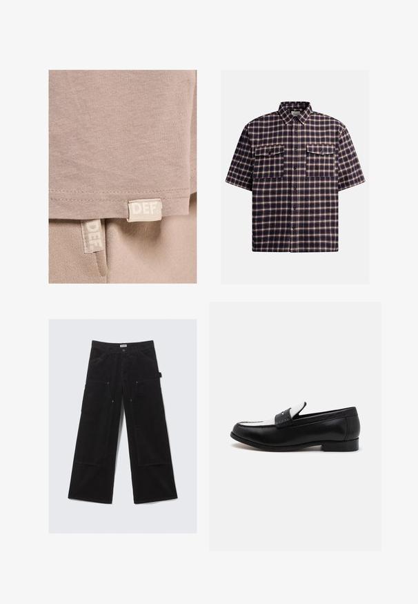 Bežinė medvilninė marškinėliai su minkšta tekstūra, turintys tiesų apatinį kraštą ir du matomus etiketės siuvinėjimus apačioje, pažymėtus "DEF."; Tamsiai mėlynos ir burgundiškos spalvos trumpų rankovių languota marškinėliai, su patikria raštu, dviem krūtinės kišenėmis ir mygtukų užsegimu priekyje.; Juodos plačios kojos velveto kelnės su didelėmis priekinėmis kišenėmis ir diržo kilpomis, pasižyminčios mygtuku ir užtrauktuku.; Juodas odinis loaferis su kontrastinga balta odine panelėle ir siūlėmis. Pasižymi lygia apdaila ir žemu kulno dizainu.