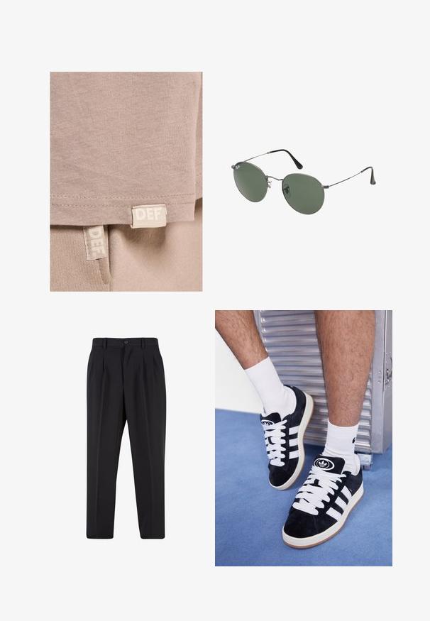 Bežs kokvilnas T-krekls ar mīkstu tekstūru, kam ir taisns apakšmalas griezums un divi redzami birkas, kas iekļautas apakšā, ar uzrakstu "DEF".; Melni brīvie bikses ar krokotu priekšpusi, izgatavotas no gludas auduma. Iespējama poga aizdare un jostas cilpas; taisnu kāju forma.; Melni zamšaini sporta apavi ar baltiem šņorēm un trim baltām svītrām. Iekļauj arī apaļu melnu logotipu uz mēles un gumijas zoli.; Metāla rāmji saulesbrillēm ar ovālām zaļām lēcām. Tievs sudraba metal rāmji un melni ausu spilventiņi. Minimalistiska dizaina, bez redzamām apzīmējumiem.