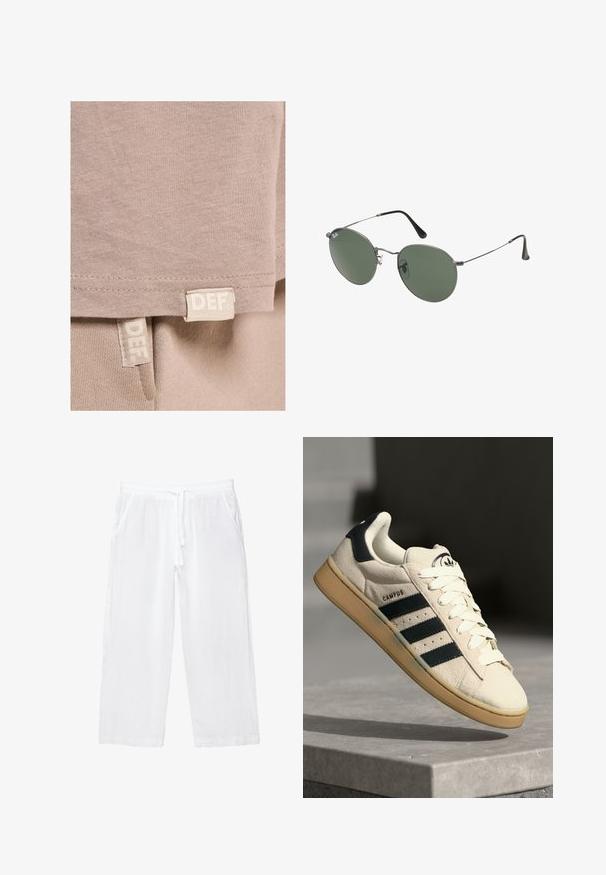 Beige bomulds t-shirt med blød tekstur, featuring en lige kant og to synlige labels syet i bunden, mærket "DEF."; Hvide linned cropped bukser med elastisk talje, snøre og to sidelommer. Glat tekstur og letvægtsdesign for komfort.; Beige ruskinds sneaker med tre mørkeblå striber, hvide snørebånd og en tan farvet gummisål. Har et logo på tungen og teksten "CAMPUS".; Metalrammede solbriller med ovale grønne linser. Tynd sølvmetalramme og sorte ørepropper. Minimalistisk design, ingen synlige logoer.