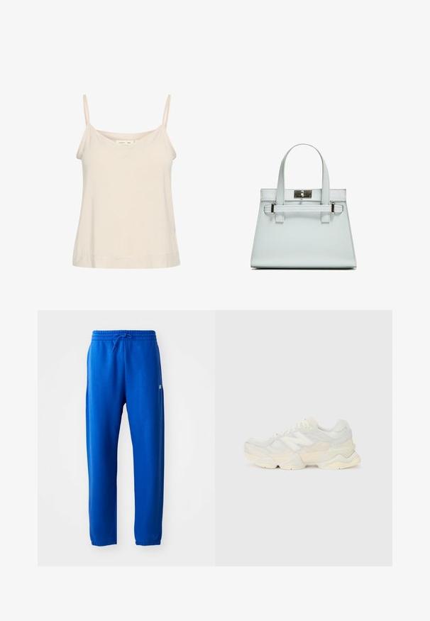 Svetlo bež top iz mehkega materiala, z tankimi nastavljivimi naramnicami in V-izrezom ter rahlo sproščenim krojem.; Modre trenirke iz mehkega blaga, z elastičnim pasom in vrvico, zožanimi nogami ter majhnim logotipom na strani.; Lahki športni čevlji z zgornjim delom iz mrežastega materiala in antilopa v nežnih kremnih tonih, z debelim podplatom in tridimenzionalnimi poudarki.; Svetlo modra torbica z oblikovano zasnovo, dvema ročkama in kljuko iz srebrno-toniranega materiala. Teksturni material in ostri koti.