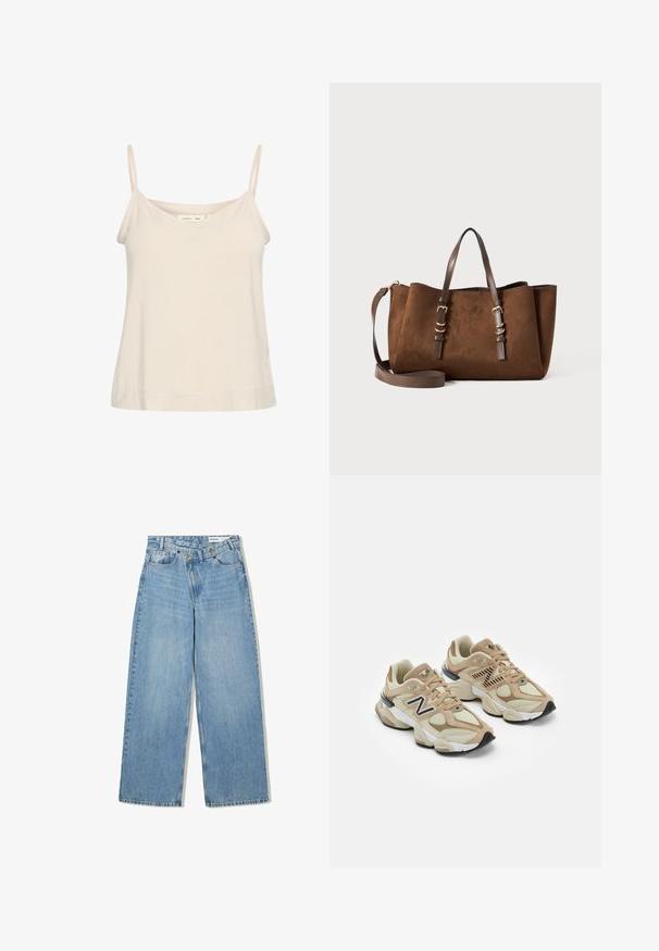 Světle béžová tílko vyrobené z měkké tkaniny, s tenkými nastavovacími ramínky a výstřihem do V s mírně volným střihem.; Světlé modré široké džínové kalhoty vyrobené z denimu, s vysokým pasem, pěti kapsami, knoflíkovým zapínáním a jemným vyblednutím pro texturu.; Béžové tenisky vyrobené z materiálů síťoviny a semiše. Obsahují černé logo a texturované prvky. Silná bílá mezipodešev a černá gumová podrážka.; Hnědá semišová taška přes rameno se structured designem, dvojitými koženými ušima, nastavitelným popruhem na rameno a zlatými kovovými detaily.