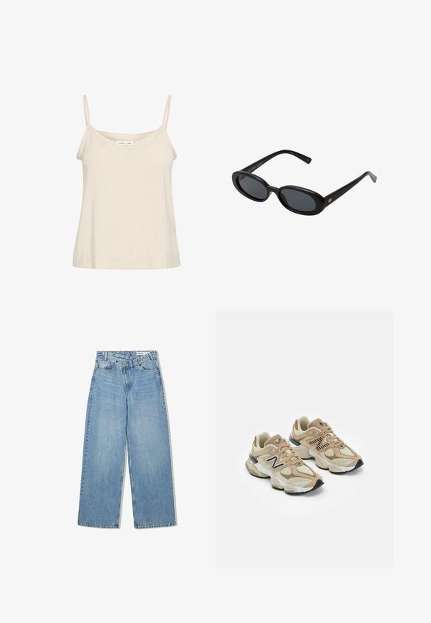 Camisole beige chiaro realizzato in tessuto morbido, con sottili spalline regolabili e scollatura a V, dal fit leggermente rilassato.; Jeans azzurri a gamba larga realizzati in denim, con vita alta, cinque tasche, chiusura a bottone e una leggera scoloritura per aggiungere texture.; Sneaker beige realizzate in materiali mesh e suede. Presentano un logo nero e dettagli testurizzati. Suola intermedia spessa bianca e suola esterna in gomma nera.; Occhiali da sole neri oversize con lenti ovali, montatura in plastica liscia e accenti dorati sulle tempie. Le lenti scure offrono protezione dal sole.