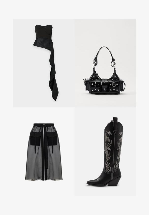Must mustriba top, mille voodriga, laieneva alumise osaga ja pika, rippuva, ebaühtlase hemiga. Üksneb ühtlane, mati tekstuur.; Must mustriga seelik, millel on kogutud vöökoht, kaks suurt esitaskut, vöötie ja ringikujuline metallaktsent.; Mustad mustad nahast cowboy saapad terava ninaga, vööndkanna ja hõbedaste tikanditega lillemustritega varred. Kontrastõmblused üle kogu.; Must värvi nahast käekott, millel on kaarjas disain, hõbedased nupukesed, kinnitusahe ja kaks külgtaskut. Reguleeritav rihm erinevate kandmisvõimaluste jaoks.