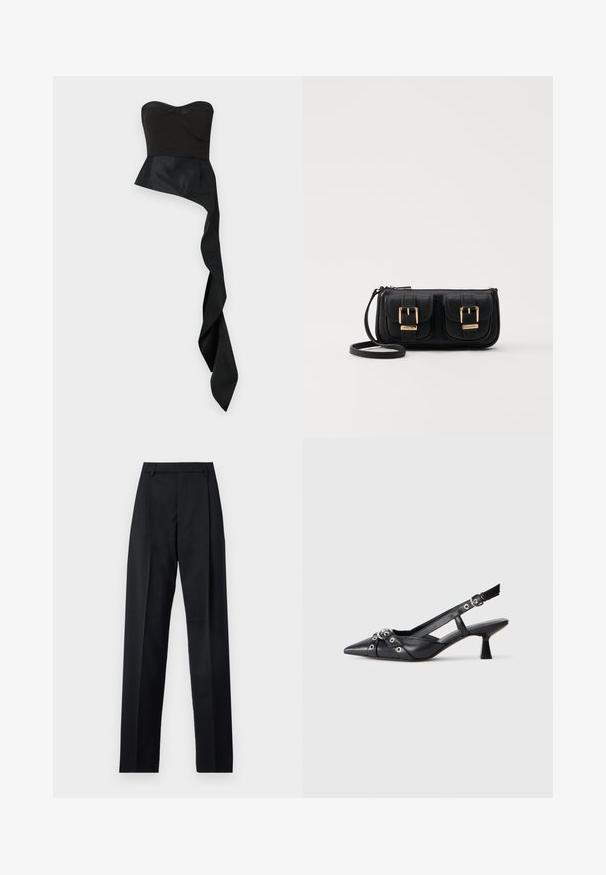 Črn brezramen top z oprijetim korzetom, razširjenim spodnjim delom in dolgim, drapiranim asimetričnim robom. Gladka, mat tekstura po celotni površini.; Črne hlače iz gladkega materiala, ki imajo visok pas, široke noge, sprednje nabore in klasične zanke za pas. Nevidni stranski žepi.; Črne usnjene sandale središnje zaponke z ostro konico, okrasnimi trakovi z kovinskimi očesi in nizko blokasto peto. Teksturirana površina.; Črna usnjena torbica čez ramo z dvema sprednjima žepoma, zlatimi zaponkami, zadrgo in ozkim pasom. Tekstura površine je strukturirana, obliko pa ima kompaktno pravokotno.