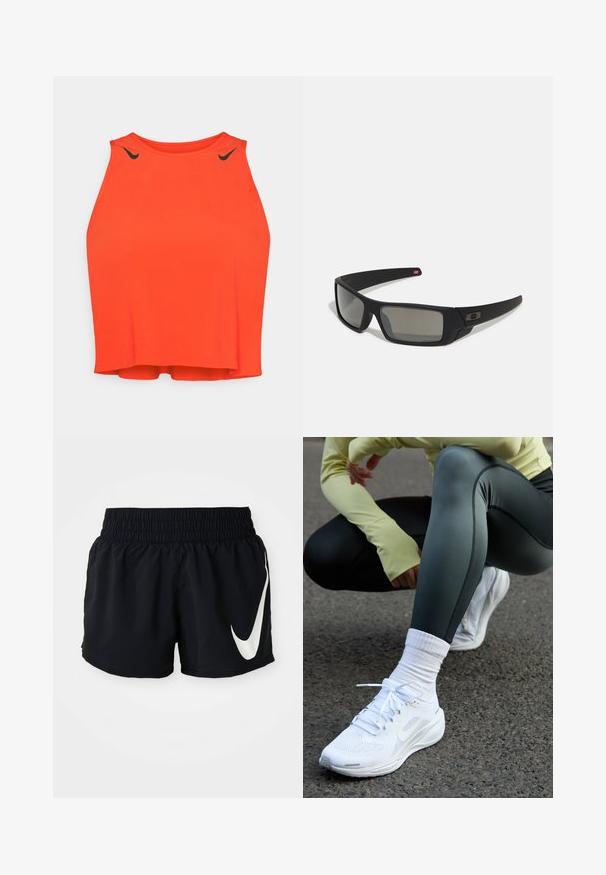 Canotta sportiva rossa con un collo alto e design senza maniche. Accenti del logo neri vicino alle spalle. Materiale liscio e leggero.; Pantaloni sportivi neri con cintura elastica, caratterizzati da un grande logo Nike bianco sul davanti e un tessuto morbido e leggero.; Scarpe da ginnastica bianche con tomaia in rete, lacci piatti e suola ammortizzata, abbinate a leggings verde scuro e una maglietta a maniche lunghe gialla chiara.; Occhiali da sole neri con finitura opaca, lenti rettangolari, leggero curvatura sulle tempie, dettaglio logo discreto e lenti color fumo.