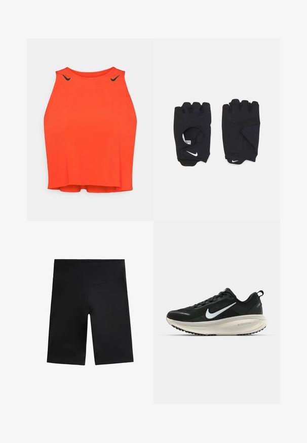 Rdeča športna majica brez rokavov z visokim ovratnikom. Črni logotipski detajli blizu ramenskih delov. Gladek, lahek material.; Črne kolesarske hlače iz raztegljive tkanine. Imajo visok pas, gladko teksturo in dolžino do kolen brez vidnih šivov ali vzorcev.; Črne Nike tekaške čevlje z zračno mrežno zgornjim delom, belim logotipom Swoosh, teksturiranimi detajli in smetanasto barvnim srednjim delom ZoomX.; Črne brezprstne rokavice iz raztegljivega materiala, z obliko odprtega dlani, s poudarki za oprijem in logotipom Nike v beli barvi.