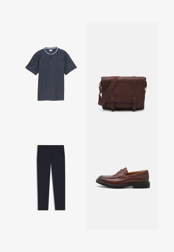 Donker marineblauwe korte mouwen shirt met een gestructureerde stof, voorzien van een lichtblauwe kraag en een drie knoopsluiting.; Marineblauwe broek met een getailleerde pasvorm, voorzien van twee voorkruiden, een vlakke voorkant en een gladde textuur. Geen zichtbare patronen of versieringen.; Bruine leren instappers met een ronde neus, decoratieve stiksels en een zwarte rubberen zool. Gladde textuur en minimale ontwerpelementen.; Bruine lederen schoudertas met een platte voorflap, twee banden, gouden hardware-accenten en een verstelbare schouderband.