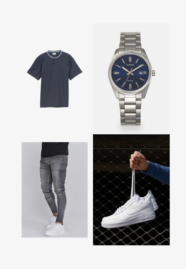 Donker marineblauwe korte mouwen shirt met een gestructureerde stof, voorzien van een lichtblauwe kraag en een drie knoopsluiting.; Skinny jeans in vervaagd grijs denim, met versleten details op de knieën, gecombineerd met witte sneakers. Gladde textuur, slank model.; Witte leren sneakers met perforaties, ronde neus, vlakke zool en dikke veters, met een zichtbare swoosh-logo en "AIR" op de hiel.; Zilveren roestvrijstalen horloge met een marineblauwe wijzerplaat, metalen uurmarkeringen en een datumnis op 3 uur. Waterbestendig tot 50 meter.