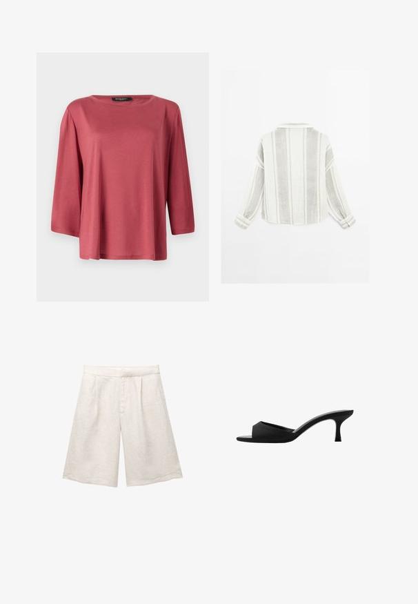 Løs pasform, rundhalset bluse i en ensfarvet koralfarve. Har 3/4-lange ærmer og et glat, let stof.; Langærmet skjorte i lysegrå og hvid, med vertikale striber, krave og knapmanchetter. Lavet af et struktureret, letvægtsstof.; Beige linnedragt med brede ben, der har folder foran og en glat talje. Stoffet har en let struktureret overflade.; Sorte hælede mules med en bred åben tå og en buet overdel. Fremstillet af tekstureret stof, med en slank hæl og en glat sål.