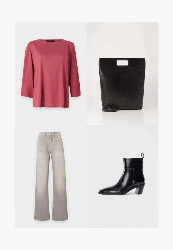 Loose-fitting, round-neck top in a solid coral color. Features three-quarter length sleeves and a smooth, lightweight fabric.; Gray wide-leg jeans with a faded finish, button closure, five-pocket design, and stitched detailing along the seams.; Black leather ankle boot with a pointed toe, a geometric stacked heel, and a pull tab at the back. Smooth texture and sleek design.; Black leather tote bag with a square handle, featuring a textured finish and embossed logo. Includes a detachable strap.