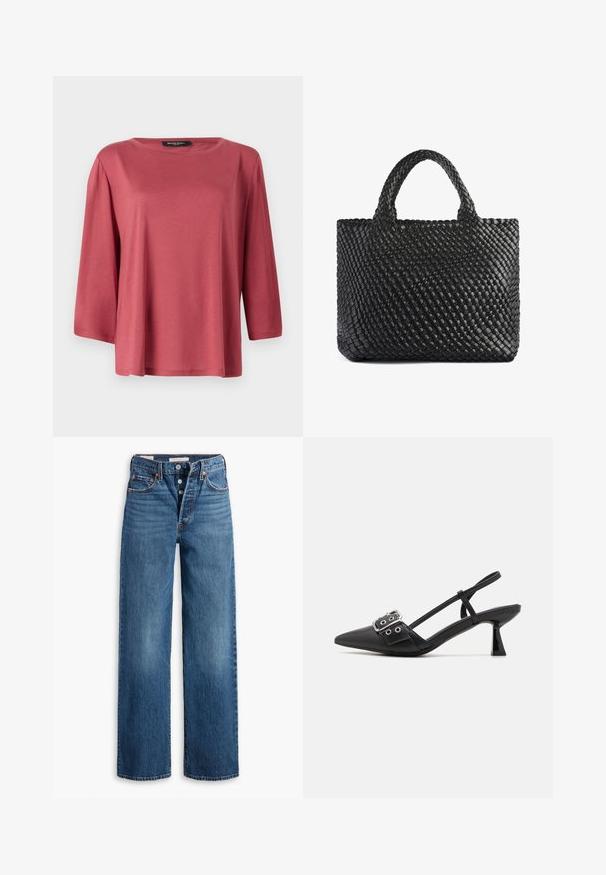 Volný vrchní top s kulatým výstřihem v jednolité korálové barvě. Má tříčtvrteční rukávy a hladkou, lehkou látku.; Modré džíny z denimu s širokými nohavicemi, pěti kapsami, zapínáním na knoflík a kontrastním prošíváním. Texturovaná látka s vybledlým povrchem.; Simmi London DALA - Klasické lodičky - black; Černá tkaná taška přes rameno s dvěma držadly, která má texturovaný povrch a obdélníkový tvar. Jednoduchý, jedinečný design bez viditelného kovového příslušenství.