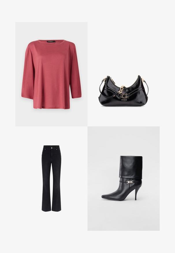 Labava bluzica s okruglim izrezom u jednobojnoj koraljnoj boji. Ima rukave do tri četvrtine i glatku, laganu tkaninu.; Crne traperice s širokim nogavicama koje imaju visoki struk, dizajn s pet džepova i metalne gumbe sa strane. Glatka tekstura i klasični kroj.; Crna kožna gležnjača s šiljastim prstom, visokim stiletto potplatom, preklopnim rubom i zlatnom dekorativnom kopčom na gležnju.; Crna torba od lakirane kože s zakrivljenim dizajnom, zlatnim mekim detaljima i istaknutim logom. Uključuje odvojivu naramenicu.