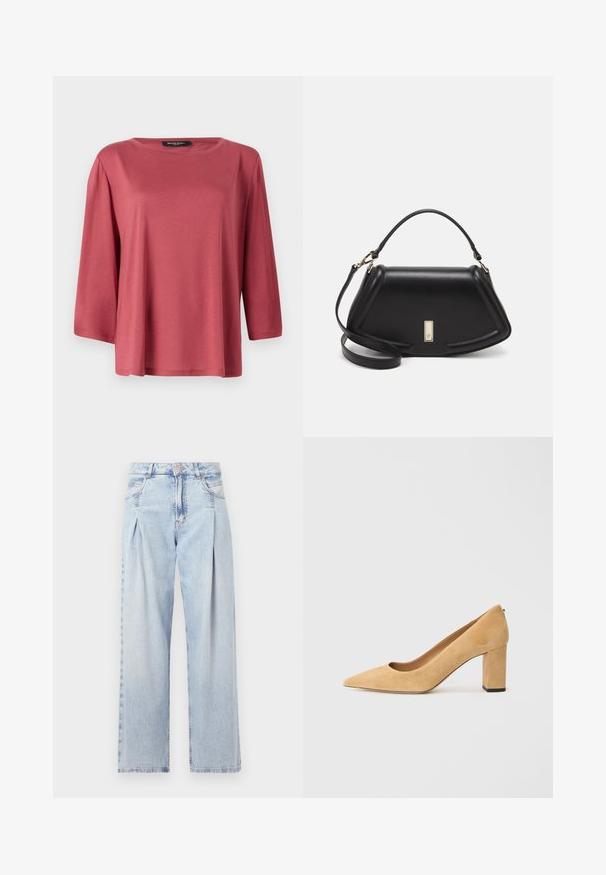 Løs-tilpasset genser med rund hals i en ensfarget korallfarge. Har trekvartlange ermer og et glatt, lett stoff.; Lyseblå denimjeans med høy livlinje, vide ben, to sidelommer og plisserte detaljer. Myk tekstur med en falmet finish.; Beige semskede høyhælte pumper med spiss tå og chunky blokkhels. Materialet har en myk tekstur med en jevn finish.; Sort lærveske med en strukturert design, som har en avkortet form, topphåndtak og detaljer i gull. Justerbar skulderstropp inkludert.