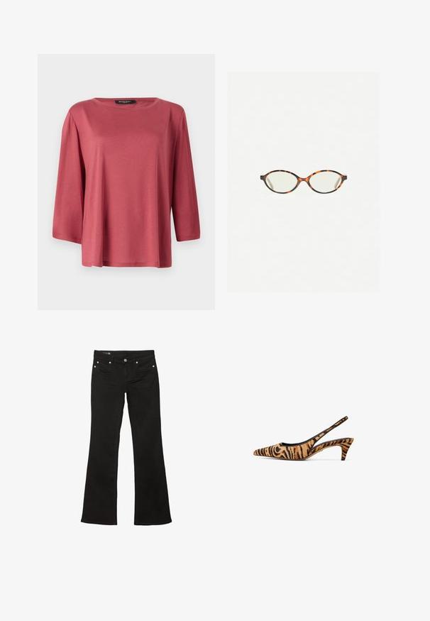 Løs pasform, rundhalset bluse i en ensfarvet koralfarve. Har 3/4-lange ærmer og et glat, let stof.; Sorte flared jeans med en glat tekstur, der har kobberfarvet metalhardware og traditionelt fem-lomme design.; Sko med spidse tæer og slingback i orange og sort tigermønster stof, med en slank hæl og et åbent bagdesign for åndbarhed.; Skildpaddebriller med ovale linser og en elegant, glat finish. Har tynde sider med en subtil kurve ved tindingerne. Klare linser.
