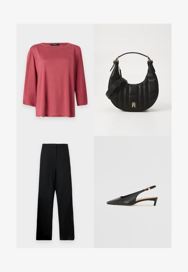 Lahtise kroogiga, ümaral kaelusel särk ühtlasest koralli värvist. Omab kolmeveerandi pikkuses varrukat ja sileda, kerge kangast.; Mustad laiad püksid, mis on valmistatud kergest kangast. Omavad sujuvat tekstuuri, kõrget vööd ja minimaalset õmbluste detaili.; Musta nahast slingback-kontsaga saabas, millel on terav nina, madal konts ja reguleeritav pahkluu rihm, millel on kullatooniline pandla. Sile tekstuur.; Must või empaankäe disainiga must nahkrahakott, millel on tepitud tekstuur ja kullatud detailid. Omab eemaldatavat õlapaela ja logo detaili.