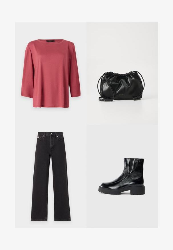 Løs pasform, rundhalset bluse i en ensfarvet koralfarve. Har 3/4-lange ærmer og et glat, let stof.; Sorte vidde jeans lavet af denim, med høj talje, fem-lomme stil og en metalknap lukning med kontrasterende syninger.; Sorte ankelstøvler med en blank patentlæderfinish, chunky sort gummisål og hævet hæl; inkluderer subtilt logodetalje på siden.; Sort læderhåndtaske med samlet design, dobbelt snørelukning og aftagelig skulderrem. Har metal-logo detaljer.