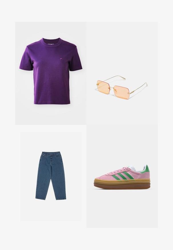 T-shirt di cotone viola con collo rotondo e maniche corte; presenta un piccolo logo ricamato sul petto. Texture liscia, senza motivi.; Jeans in denim blu con una vestibilità rilassata, vita alta, design a cinque tasche e dettagli di cucitura. Caratterizzati da una chiusura con bottone e zip.; Sneakers in suede rosa con strisce verdi, dettagli bianchi e suola in gomma marrone. Presentano un tessuto testurizzato e un logo sulla parte laterale.; Occhiali da sole con montatura in metallo dorato e lenti rettangolari di colore arancione. Braccia distintive sottili e accenti testurizzati sottili vicino agli snodi.