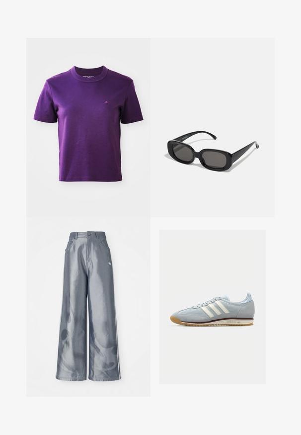Lilla bomull t-skjorte med rund hals og korte ermer; har en liten brodert logo på brystet. Glatt tekstur, ingen mønstre.; Vide benbukser i skinnende grå materiale, med hvide sidestriber og et flammemønster på de nederste ben. Knap- og lynlåslukning i taljen.; Lys blå semsket sneakers med hvite tre striper, gummisåle og teksturert mesh. Har en jevn tåhette og merkevare på hælen.; Svarte rektangulære solbriller med mørke linser. Tykk plastisk ramme, glatt tekstur og avrundede kanter. Stilige stenger strekker seg utover.