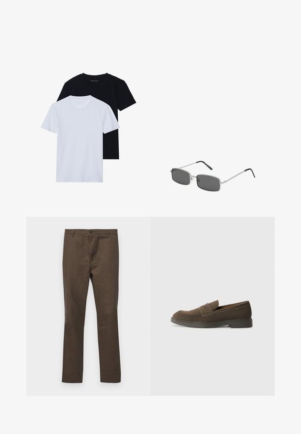 Two short-sleeve crew neck t-shirts, one black and one white, made of soft cotton material with a ribbed texture. Classic fit design.; Brown cotton trousers with a straight-leg design, featuring a button closure and belt loops, smooth texture without patterns or accents.; Brown suede loafer with a rounded toe, a strap across the vamp, and a flat rubber sole. Simple design with clean lines and minimal detailing.; Rectangle-shaped sunglasses with dark gray lenses, thin silver metal frame, and black rubber-coated temple tips. Minimalist design.; Set of five bracelets featuring brown leather, wooden beads, and a silver chain; varying textures and shapes, with adjustable closures.